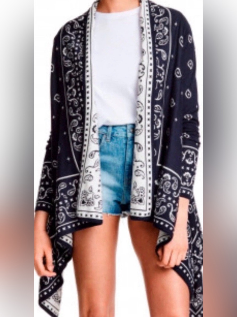 H&M Navy & White Bandana Scarf Print Knit Long Sleeve Cardigan Size Small